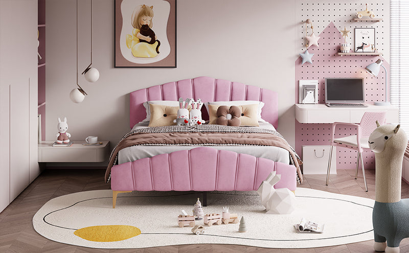 Queen Size Velvet Platform Bed with Thick Fabric, Stylish Stripe Decorated Bedboard and Elegant Metal Bed Leg, Pink