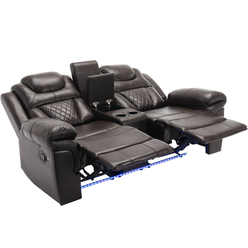 Home Theater Seating Manual Recliner Loveseat With Hide-Away Storage, Cup Holders And Led Light Strip For Living Room