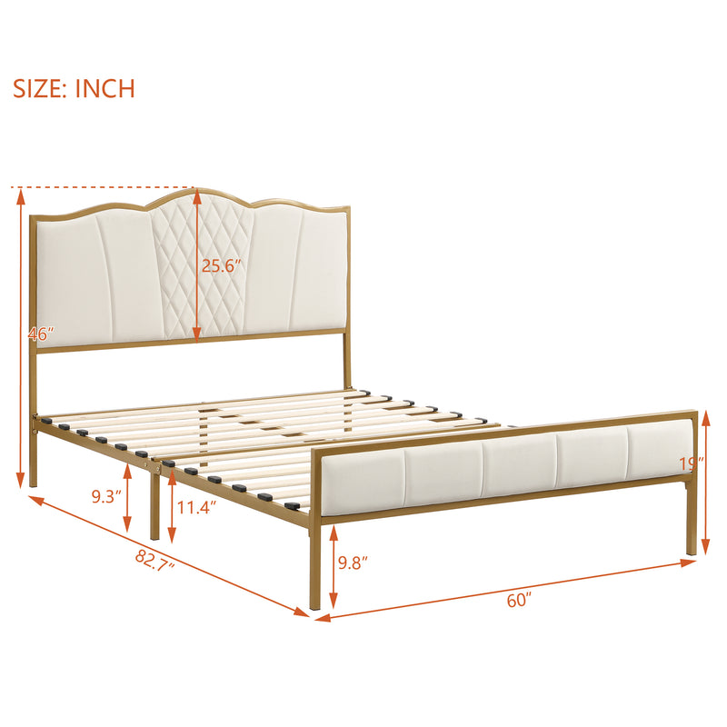 Queen Size Bed Frame, Modern Upholstered Bed Frame with Tufted Headboard, Golden Metal Platform Bed Frame with Wood Slat Support, Noise Free, No Box Spring Needed,Beige