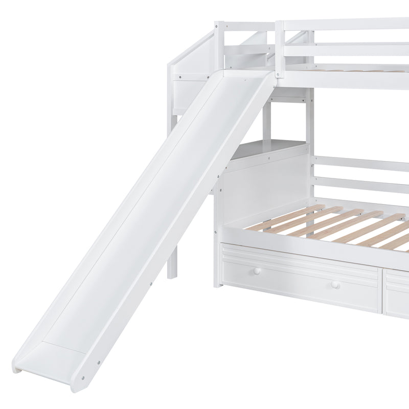 Twin over Twin Bunk Bed with Storage Staircase, Slide and Drawers, Desk with Drawers and Shelves, White