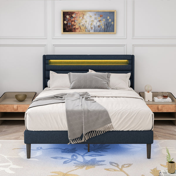 Queen Size Bedframe with LED Bedside Induction Light, Wrapped in Linen, Bedside Atmosphere Light, Anti Slip and Noise Free, Easy to Assemble, Dark Blue