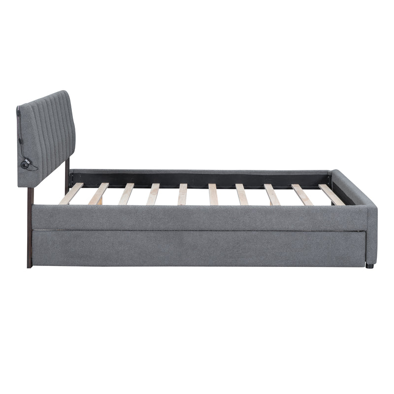 Teddy Fleece Queen Size Upholstered Platform Bed with Trundle, Gray