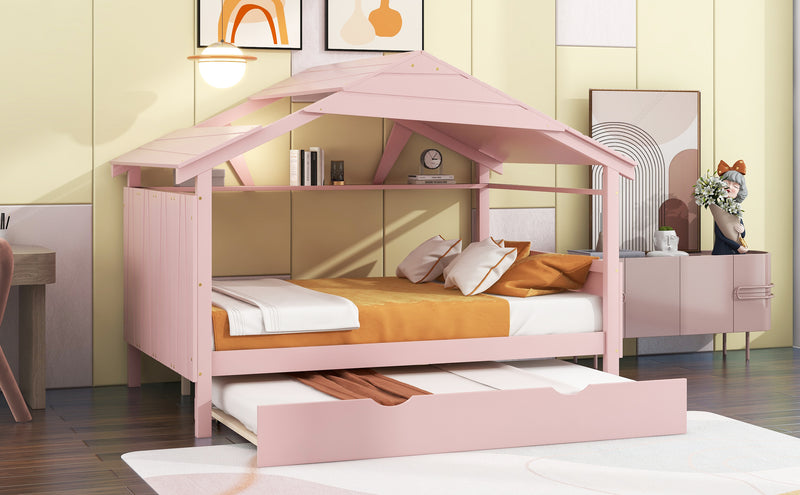 Wood Full Size House Bed with Twin Size Trundle and Storage, Pink