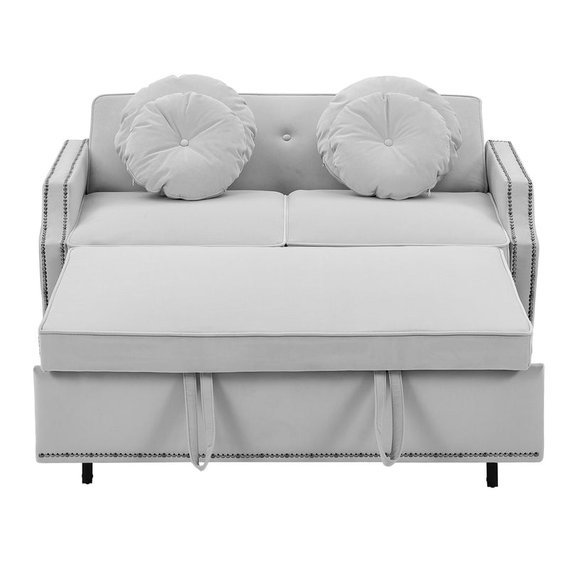 Multiple Adjustable Positions Sofa Bed Stylish Sofa Bed With A Button Tufted Backrest, Two USB Ports And Four Floral Lumbar Pillows For Living Room, Bedroom, Or Small Space