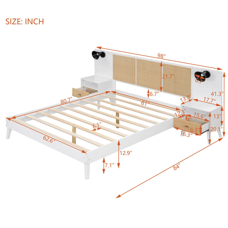 Solid Wood Bed Frame With 2 Nightstands, Elegant Design With Lamps, Rattan And Wood Combination