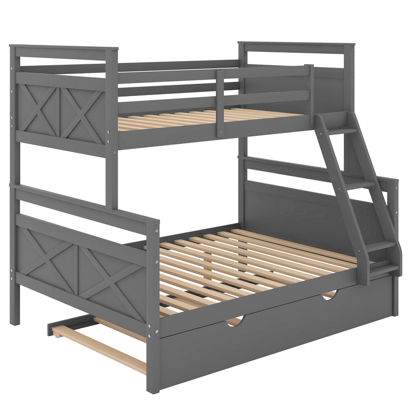 Twin over Full Bunk Bed with Ladder, Twin Size Trundle, Safety Guardrail, Gray(Old SKU:SM000208AAE-1)