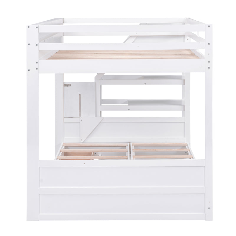 Wood Full Size Convertible Bunk Bed with Storage Staircase, Bedside Table, and 3 Drawers, White