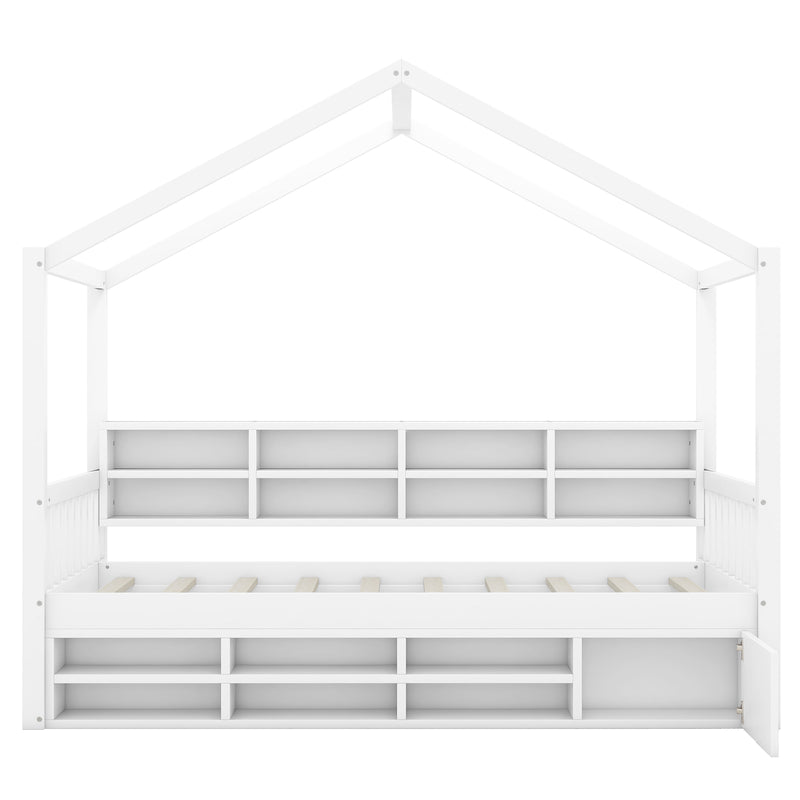 Twin Size Wooden House Bed with Shelves and a Mini-cabinet, White