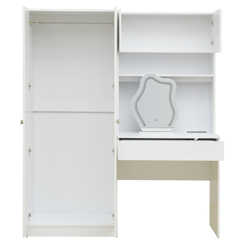 2 Door Storage Vanity Wardrobe For Bedroom With Makeup Mirror And Drawers - White