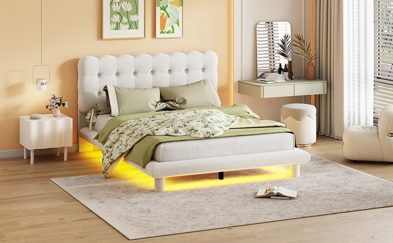 Queen Size Velvet Platform Bed with LED Frame, Thick & Soft Fabric and Button-tufted Design Headboard, Beige