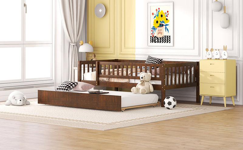 Twin Size Wood Daybed with Trundle and Fence Guardrails, Walnut