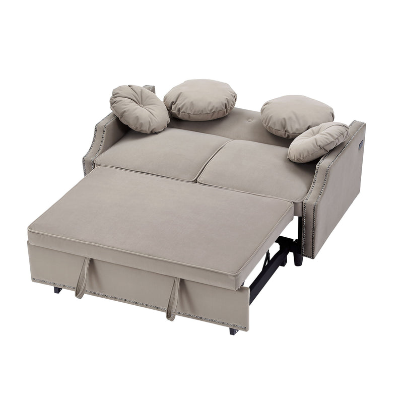 Multiple Adjustable Positions Sofa Bed Stylish Sofa Bed With A Button Tufted Backrest, Two USB Ports And Four Floral Lumbar Pillows For Living Room, Bedroom, Or Small Space