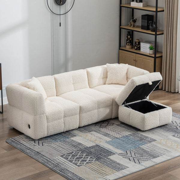 Sectional Sofa Cozy Teddy Fleece Sectional Sofa Couch With Two USB Ports A Movable Storage Ottoman And Two Lumbar Pillows For Living Room