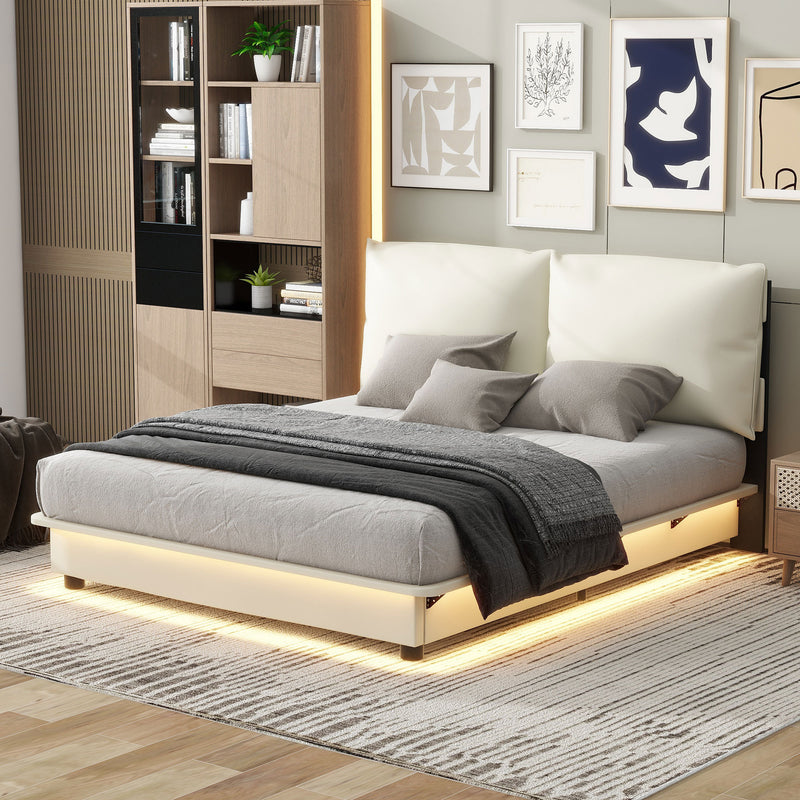 Queen Size Upholstered Platform Bed with Sensor Light and Ergonomic Design Backrests, White