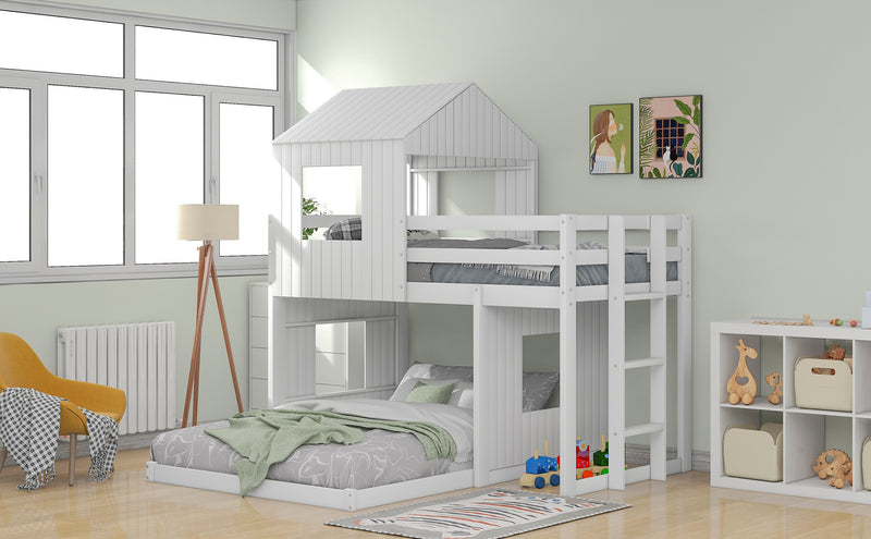 Wooden Twin Over Full Bunk Bed, Loft Bed with Playhouse, Farmhouse, Ladder and Guardrails, White( old sku: LT000027AAK )