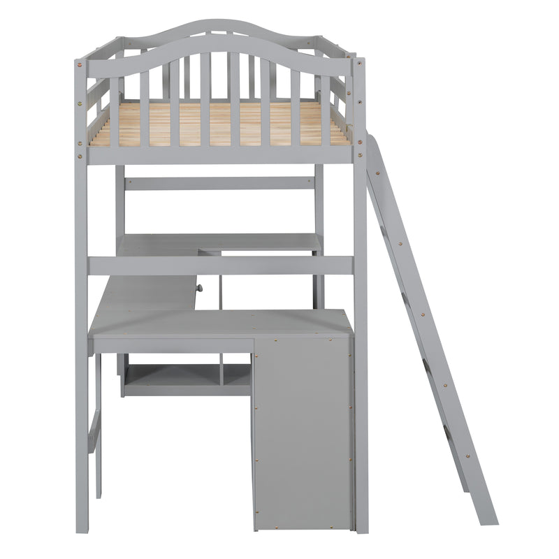 Twin size Loft Bed with Drawers, Cabinet, Shelves and Desk, Wooden Loft Bed with Desk - Gray(OLD SKU :LT000505AAE)