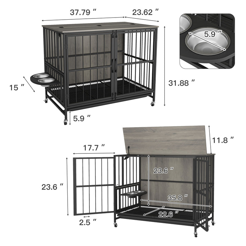 Modern Kennel Dogs Room Up To 80 Lb, Dog Crate Furniture With Multi-Purpose Rremovable Ttray, Double-Door Dog House, Lift Panel, 360 Degree Rotation, 3 Height Adjustable Feeding Bowls