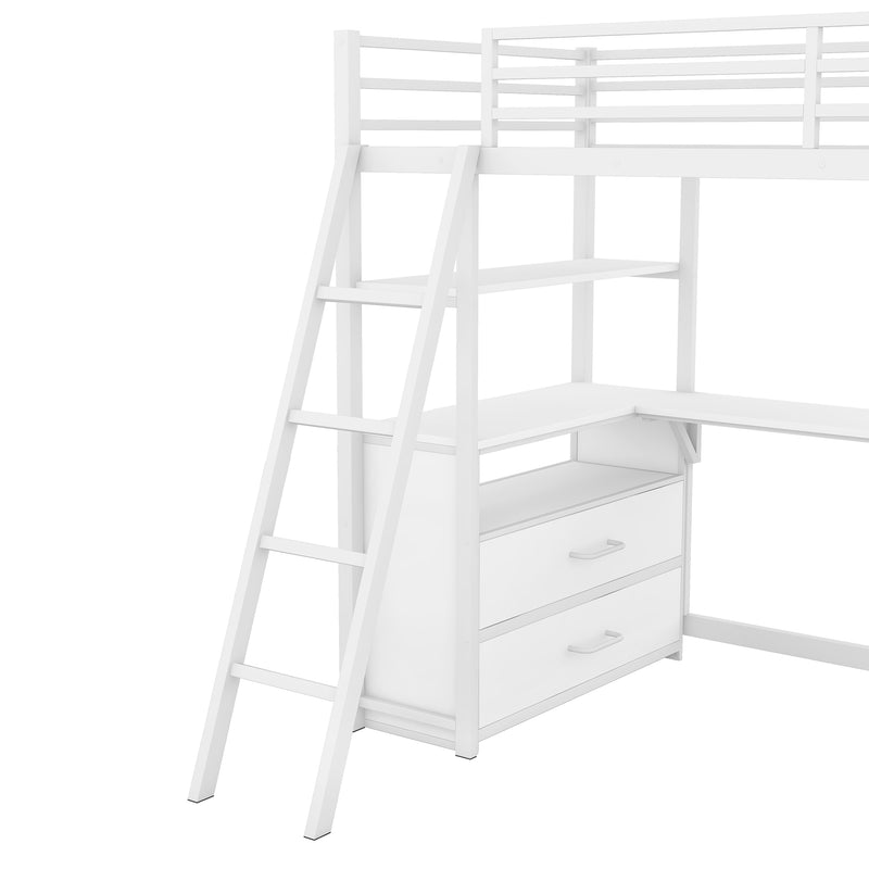 Twin Size Metal&Wood Loft Bed with Desk and Shelves, Two Built-in Drawers, White