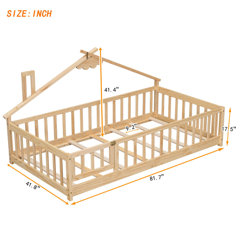 House-Shaped Bedside Floor Bed With Guardrails, Slats, With Door