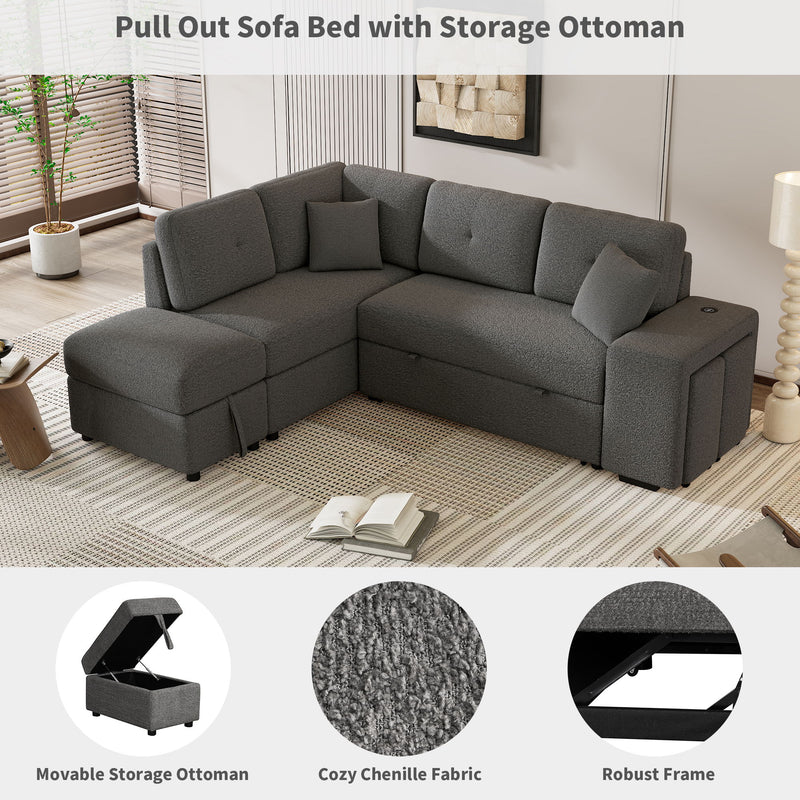 Convertible Sleeper, Sectional Pull Out Sofa Bed With Storage Ottoman, 2 Throw Pillows, 2 Stools, Wireless Charger And Two Hidden USB Ports For Living Room