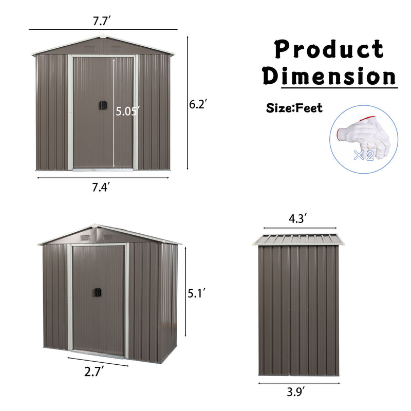 8Ft x 4Ft Outdoor Metal Storage Shed - Gray