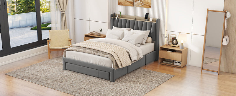 Queen Size Bed Frame with Storage Headboard and Charging Station, Upholstered Platform Bed with 3 Drawers, No Box Spring Needed, Dark Gray