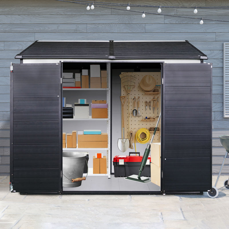 Resin Outdoor Storage Shed With Two - Window And Double - Door, Plastic Shed With Floor For Gargen, Patio, Yard, Lawn