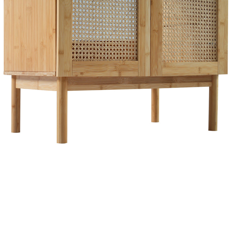 Bathroom Vanity Crafted From Natural Materials, Featuring Handmade Rattan Doors And Soft-Closing Mechanisms - Light Brown