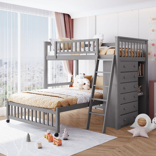 Wooden Twin Over Full Bunk Bed With Six Drawers And Flexible Shelves,Bottom Bed With Wheels,Gray(OLD SKU:LP000531AAE)