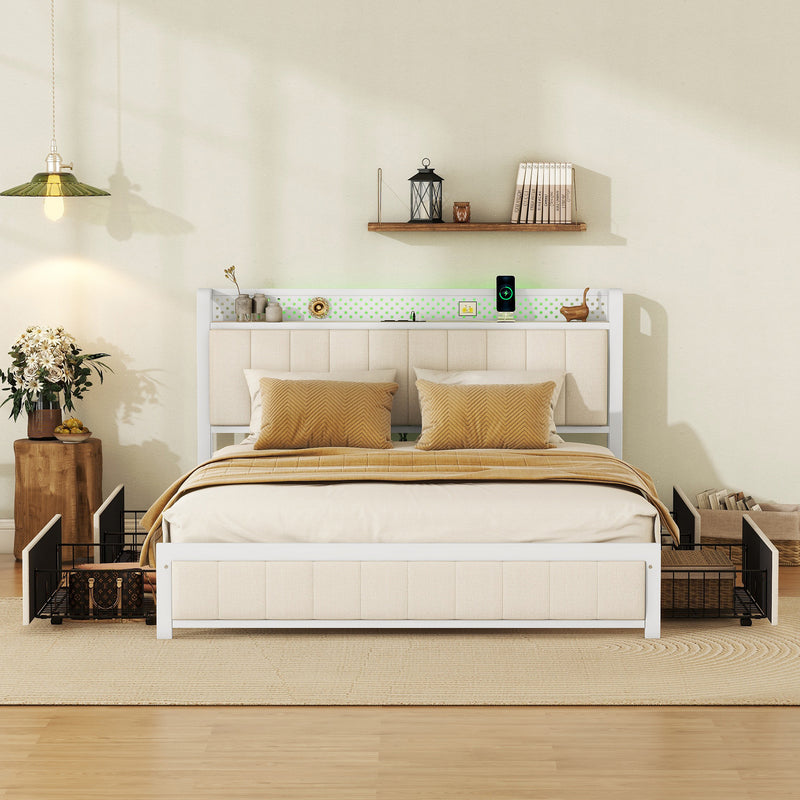 Queen Bed Frame with LED Headboard, Upholstered Bed with 4 Storage Drawers and USB Ports, Beige