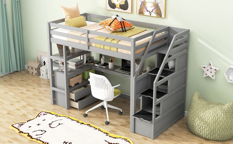 Twin Size Loft Bed with Desk and Shelves, Two Built-in Drawers, Storage Staircase, Gray