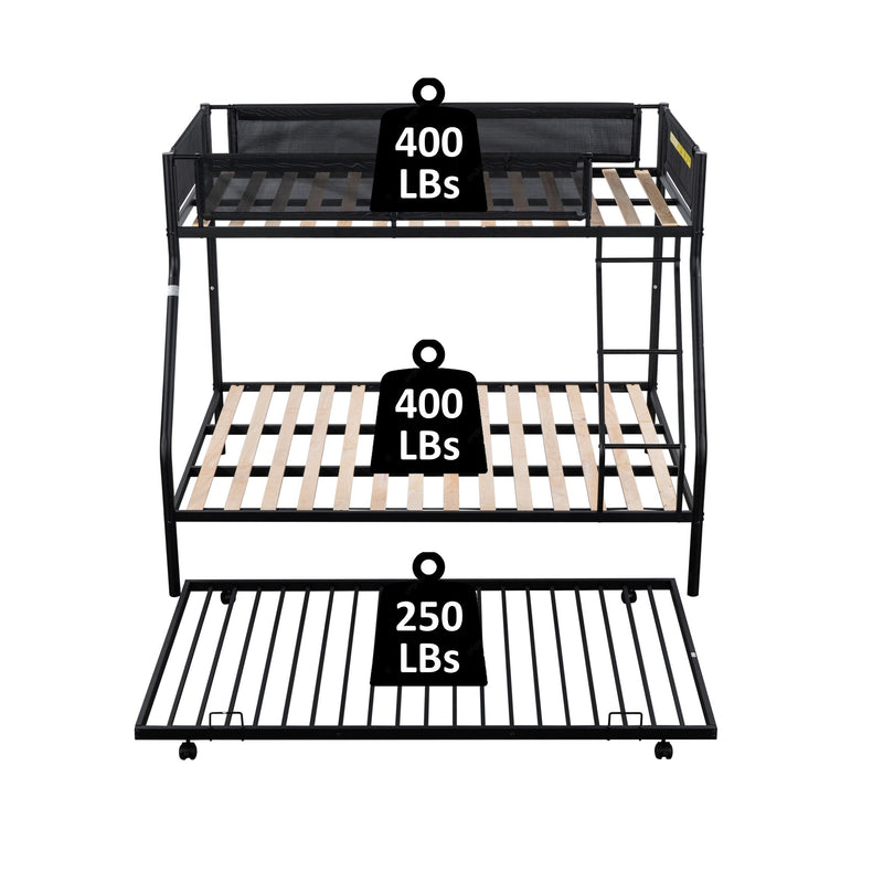 Twin over Full Metal Bunk Bed with Trundle/ Sturdy Metal Bed Frame/ Noise-Free Wood Slats/ Comfortable Textilene Guardrail/ Space-saving Trundle/ Bunk Bed for Three/ No Box Spring Needed