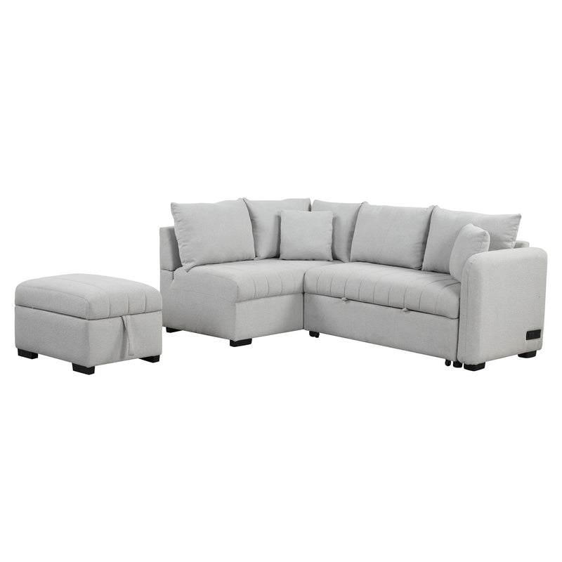 L-Shaped Sectional Pull Out Sofa Bed Sleeper Sofa With Two USB Ports, Two Power Sockets And A Movable Storage Ottoman