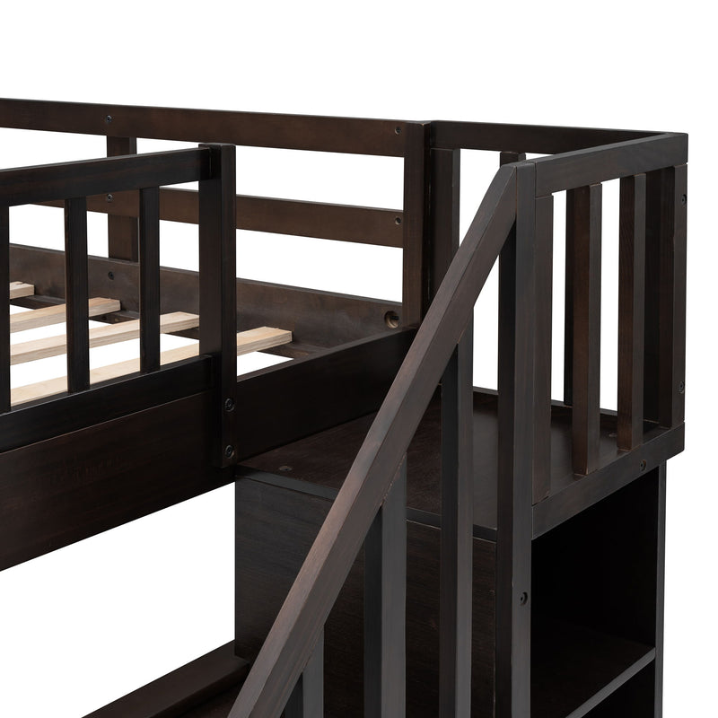 Stairway Bunk Bed With Twin Size Trundle, Storage And Guard Rail For Bedroom, Dorm