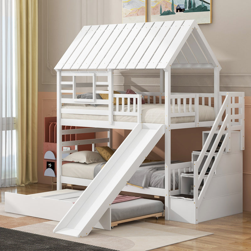 Twin over Twin House Bunk Bed with Trundle and Slide, Storage Staircase, Roof and Window Design, White(Old SKU: GX000931AAK)