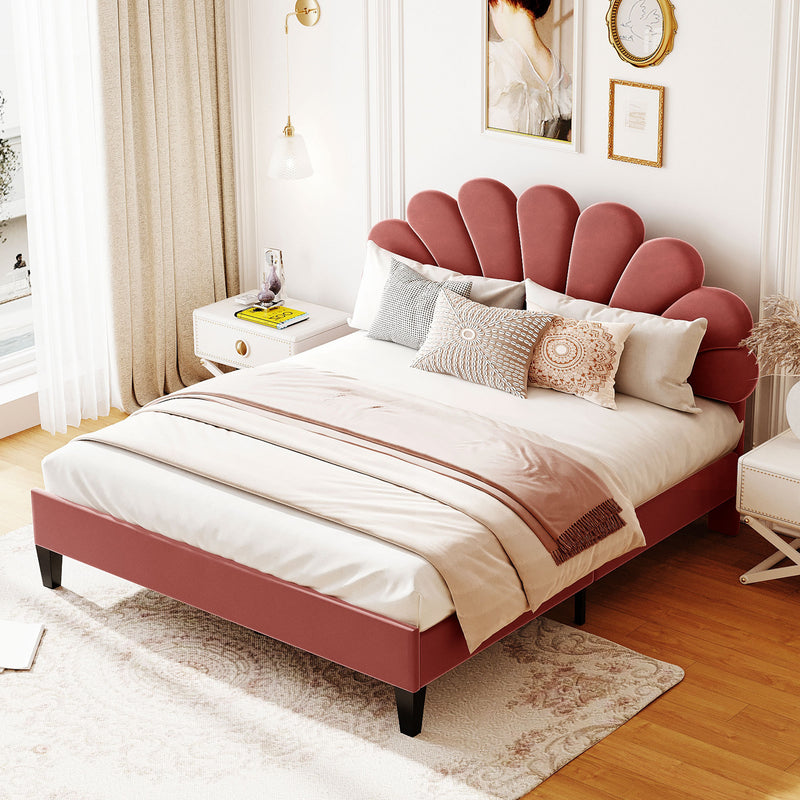 Queen Size Upholstered Platform Bed with Flower Pattern Velvet Headboard, Bean Paste Red