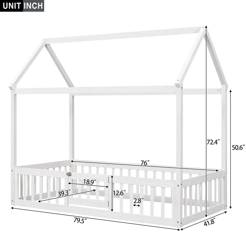 Twin Size Wood House Bed with Fence and Door, White Wash