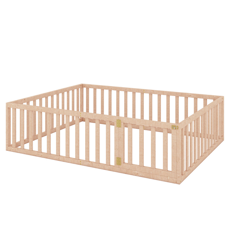 Queen Size Wood Floor Bed Frame with Fence and Door, Natural(OLD SKU:WF289663AAM)