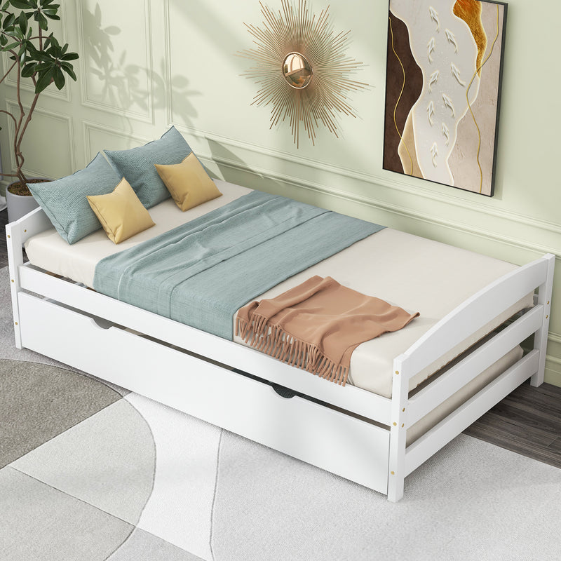 Twin Size Platform Bed with Twin Size Trundle, White