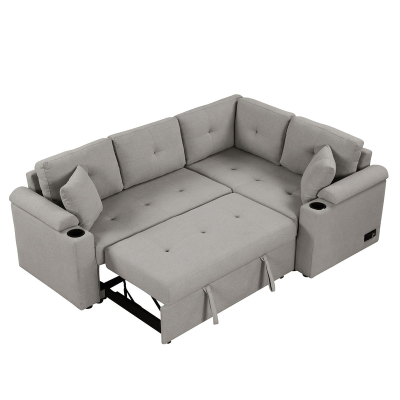 L-Shape Sofa Bed Pull-Out Sleeper Sofa With Wheels, USB Ports, Power Sockets For Living Room