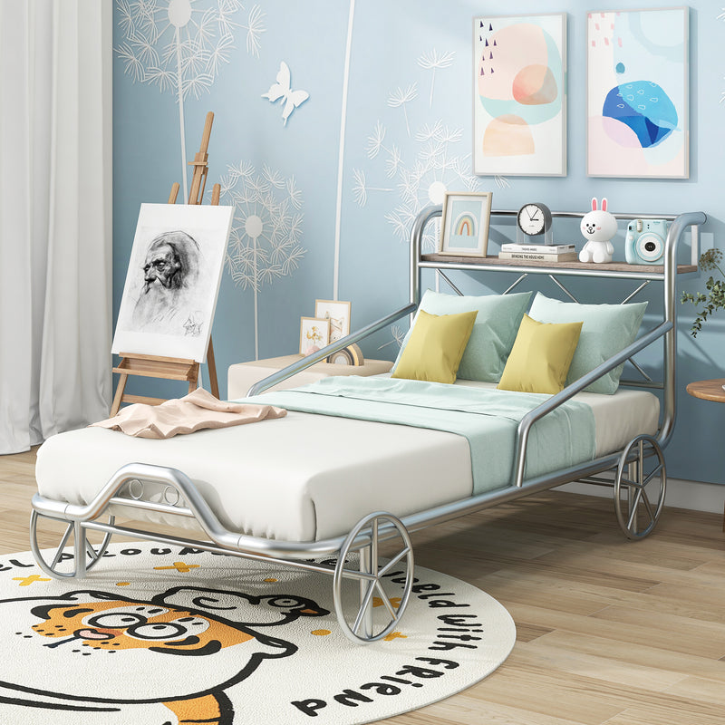 Twin Size Metal Car Bed with Four Wheels, Guardrails and  X-Shaped Frame Shelf, Silver(Old SKU: MF297599AAN)