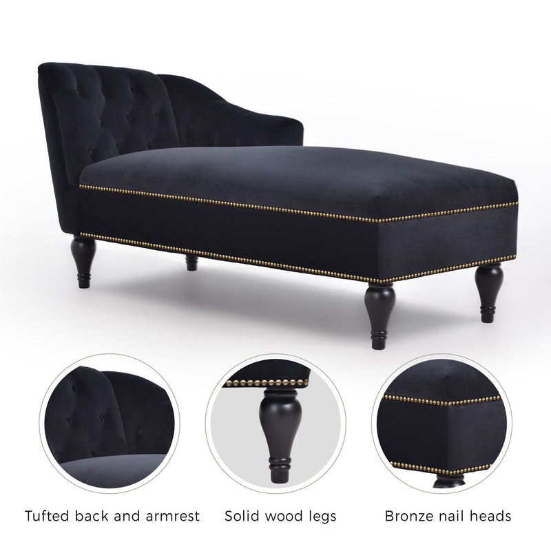 Velvet Chaise Lounge, Button Tufted Right Arm Facing Lounge Chair With Nailhead Trim For Living Room - Black