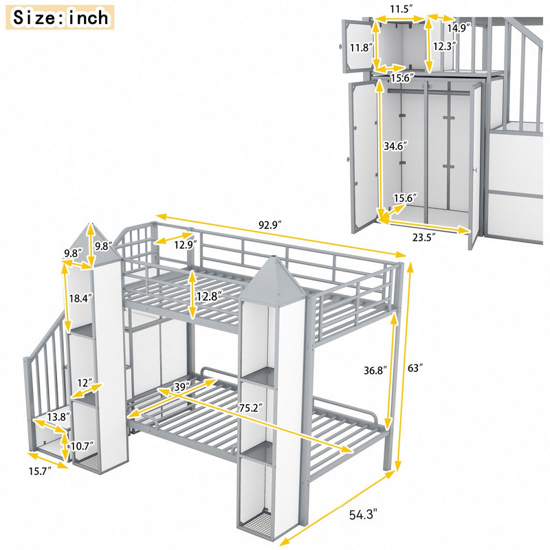 Metal Twin Over Twin Castle-Shaped Bunk Bed With Wardrobe And Multiple Storage - Gray / White