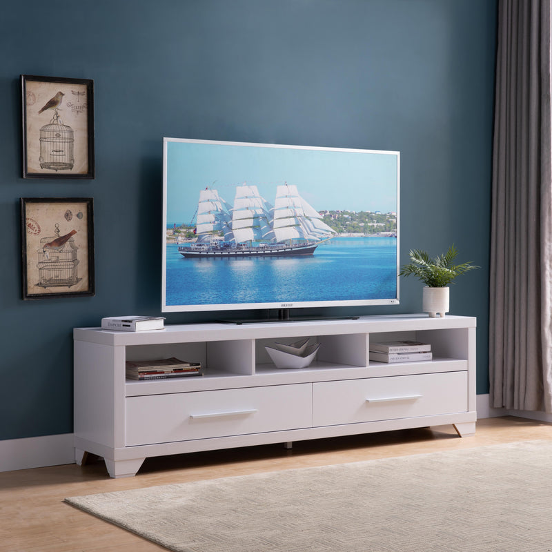 Modern White TV Media Stand, Home Entertainment Center With Open Shelving And Two Drawers - White