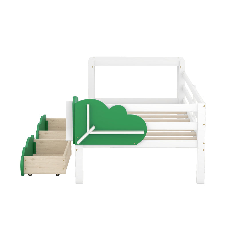 Twin Size Daybed with Desk, Green Leaf Shape Drawers and Shelves, White