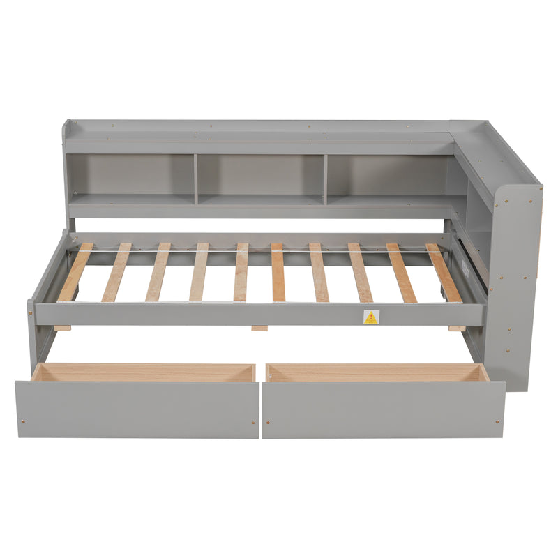 Twin Bed with L-shaped Bookcases,Drawers,Grey