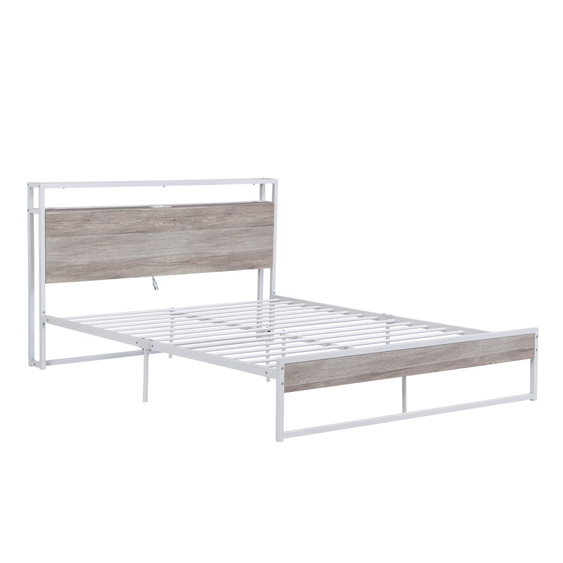 Queen Size Metal Platform Bed Frame with Sockets, USB Ports and Slat Support ,No Box Spring Needed White