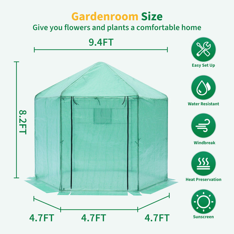 Walk-in Greenhouse Hexagonal Upgrade Reinforced Frame Heavy Duty Plastic Greenhouse Reinforced Thickened Waterproof Insulation (9.2*8.1 ft) - Green