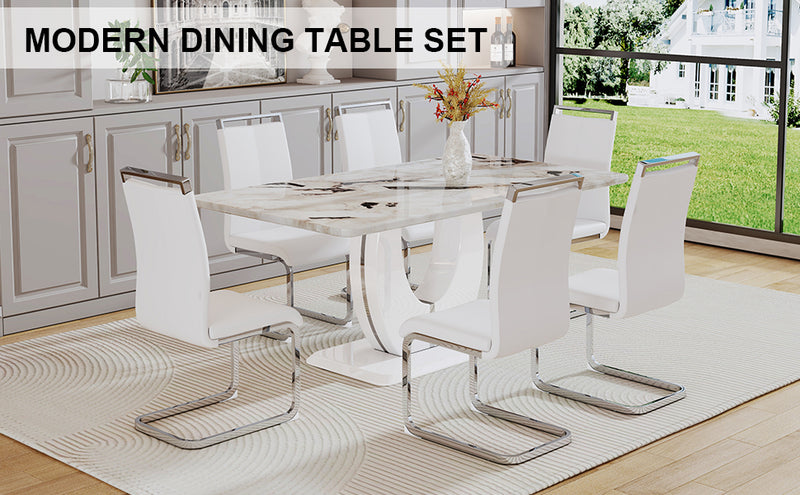 Table and chair set, modern minimalism and luxurious white rectangular pattern dining table.  Soft and comfortable dining chair, for dining room, living room, terrace and kitchen.