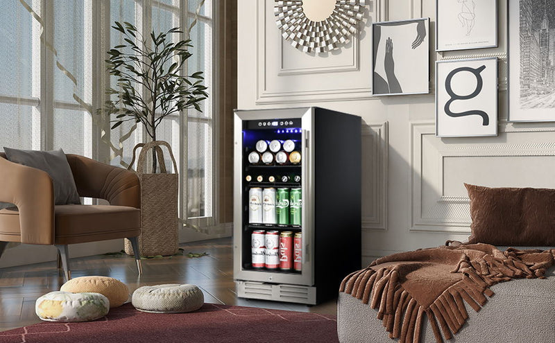 Built-In And Freestanding Mini Beverage Refrigerator / Wine Cabinet, 120 Cans, 37-65°F, Quiet, Adjustable Shelves, LED Lighting, Etl, Touch Controls, Defrost, Double Glass Door - Black / Silver